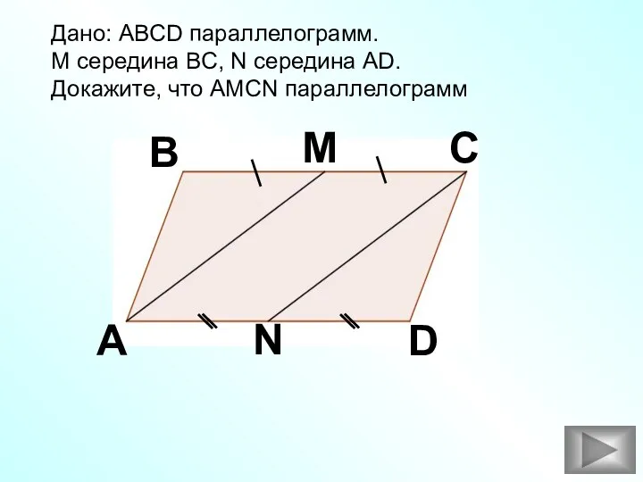 Дано: ABCD параллелограмм. M середина BC, N середина AD. Докажите, что AMCN параллелограмм