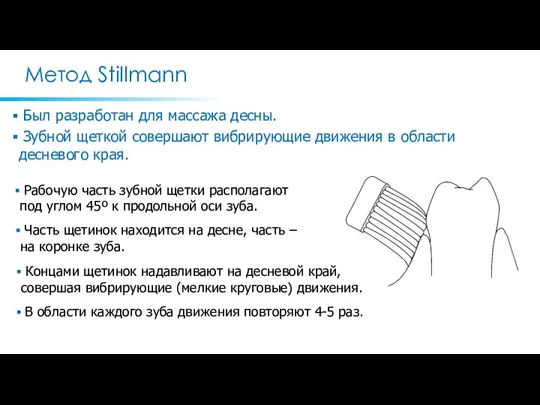 Метод Stillmann Был разработан для массажа десны. Зубной щеткой совершают вибрирующие движения в