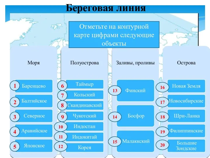 Береговая линия Отметьте на контурной карте цифрами следующие объекты 1