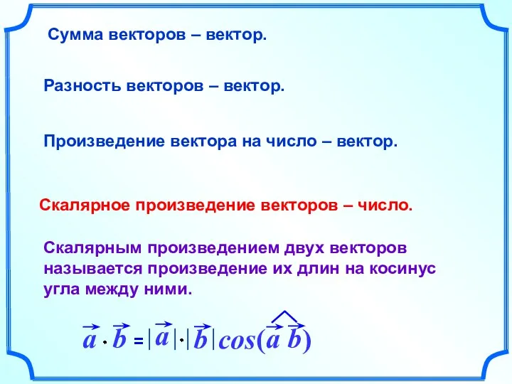 Сумма векторов – вектор. Разность векторов – вектор. Произведение вектора