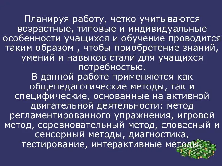 Планируя работу, четко учитываются возрастные, типовые и индивидуальные особенности учащихся