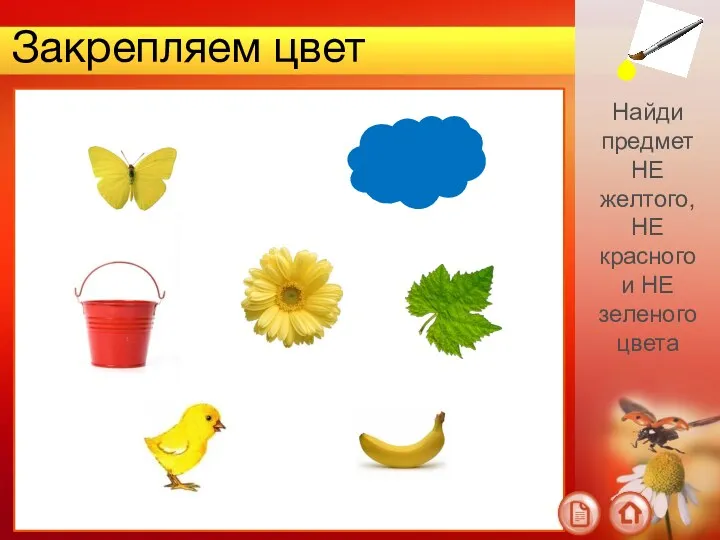 Закрепляем цвет Найди предмет НЕ желтого, НЕ красного и НЕ зеленого цвета