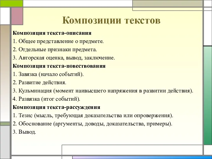 Композиции текстов Композиция текста-описания 1. Общее представление о предмете. 2.