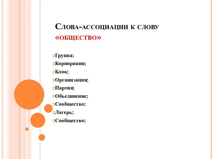 Слова-ассоциации к слову «общество» Группа; Корпорация; Блок; Организация; Партия; Объединение; Сообщество; Лагерь; Сообщество;