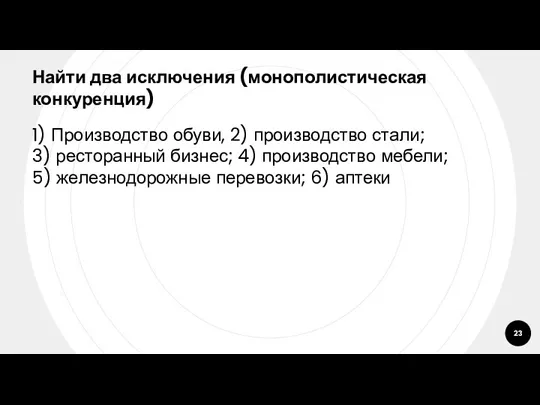 Найти два исключения (монополистическая конкуренция) 1) Производство обуви, 2) производство