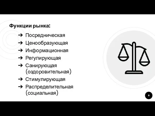 Функции рынка: Посредническая Ценообразующая Информационная Регулирующая Санирующая (оздоровительная) Стимулирующая Распределительная (социальная)