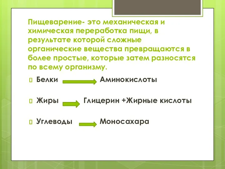 Пищеварение- это механическая и химическая переработка пищи, в результате которой