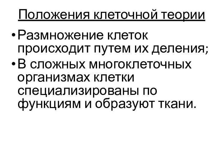 Положения клеточной теории Размножение клеток происходит путем их деления; В