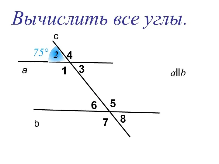 а b c 1 3 4 5 6 7 8 Вычислить все углы. allb 75° 2