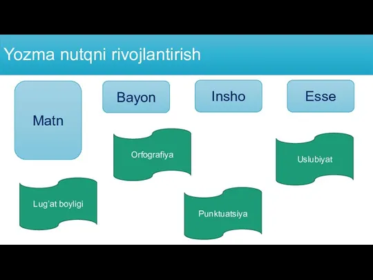 Yozma nutqni rivojlantirish Matn Insho Bayon Esse Orfografiya Uslubiyat Punktuatsiya Lug’at boyligi