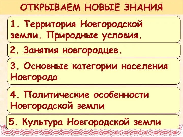 ОТКРЫВАЕМ НОВЫЕ ЗНАНИЯ 1. Территория Новгородской земли. Природные условия. 3.