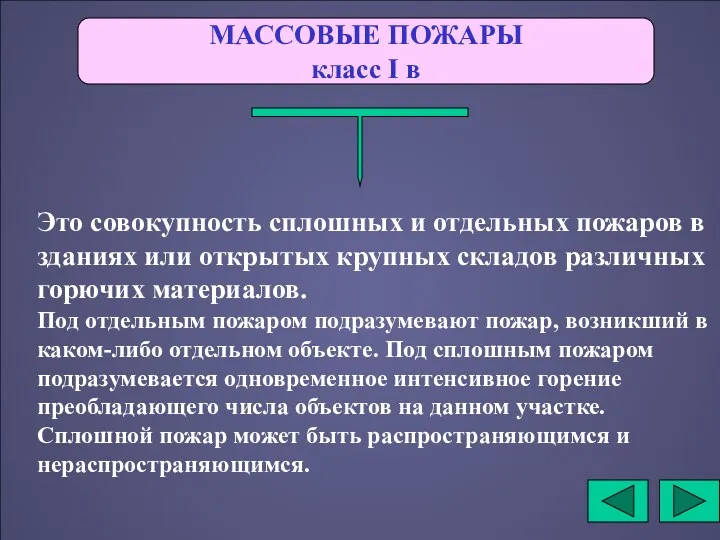 МАССОВЫЕ ПОЖАРЫ класс I в Это совокупность сплошных и отдельных