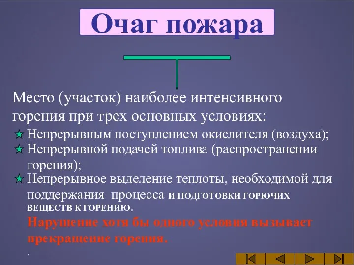 Очаг пожара Место (участок) наиболее интенсивного горения при трех основных