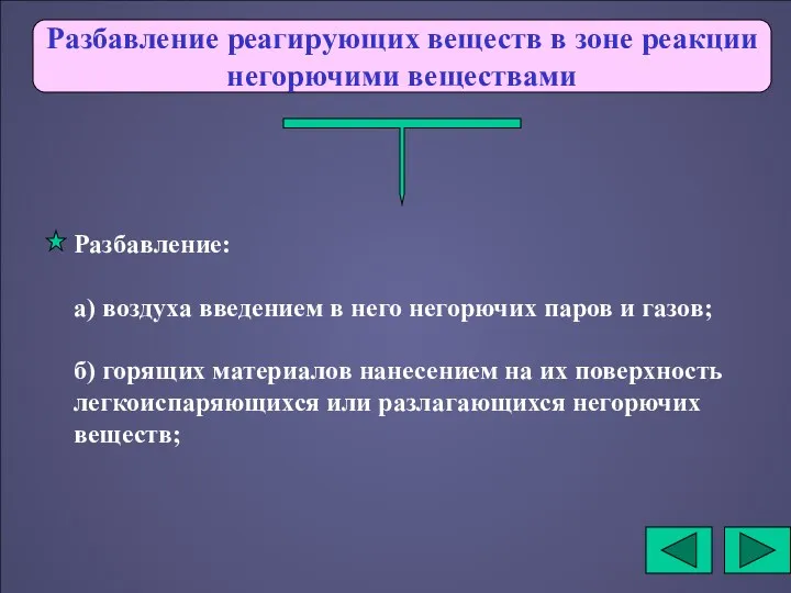 Разбавление реагирующих веществ в зоне реакции негорючими веществами Разбавление: а)