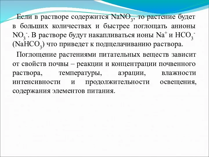 Если в растворе содержится NaNO3, то растение будет в больших