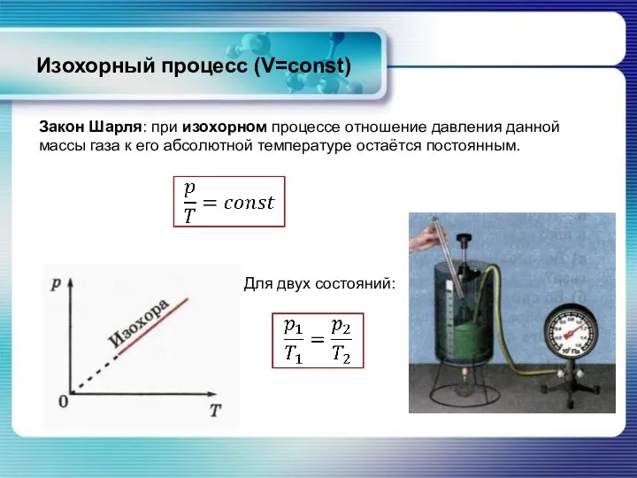 Изохорный процесс (V=const) Закон Шарля: при изохорном процессе отношение давления