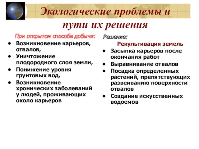 Экологические проблемы и пути их решения При открытом способе добычи: