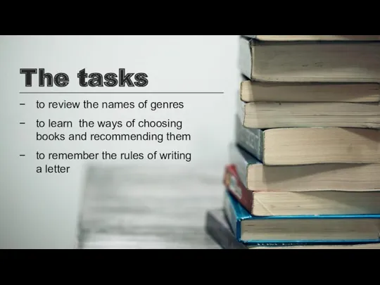 The tasks to review the names of genres to learn