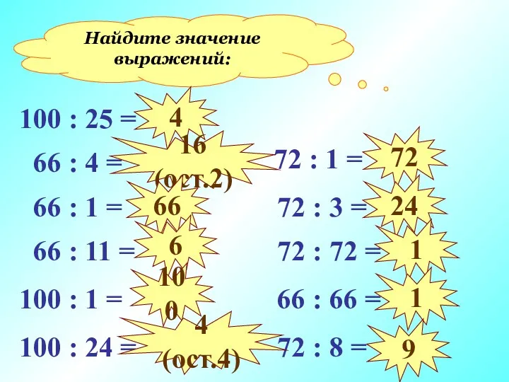 Найдите значение выражений: 100 : 25 = 66 : 4