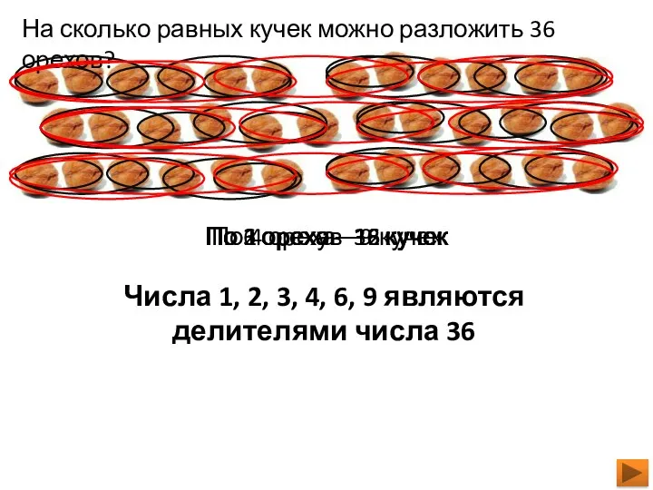 На сколько равных кучек можно разложить 36 орехов? По 1