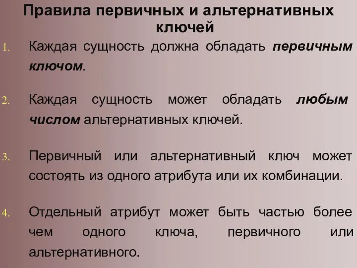 Правила первичных и альтернативных ключей Каждая сущность должна обладать первичным