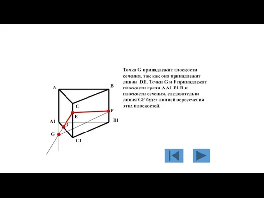 Точка G принадлежит плоскости сечения, так как она принадлежит линии