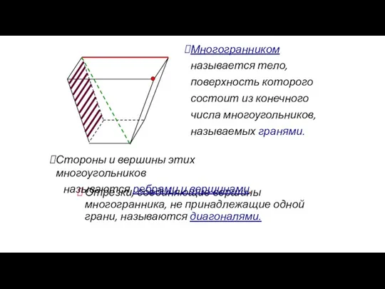 Отрезки, соединяющие вершины многогранника, не принадлежащие одной грани, называются диагоналями.