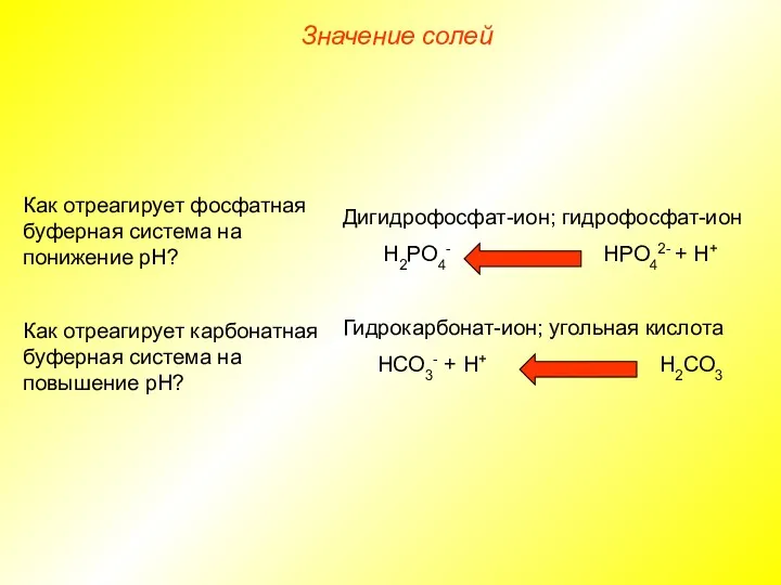 Дигидрофосфат-ион; гидрофосфат-ион Н2РО4- НРО42- + Н+ Гидрокарбонат-ион; угольная кислота НСО3-