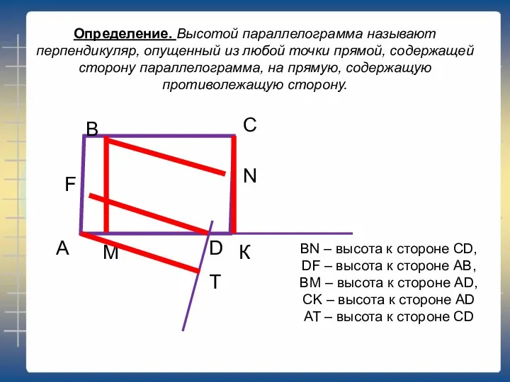 Определение. Высотой параллелограмма называют перпендикуляр, опущенный из любой точки прямой,