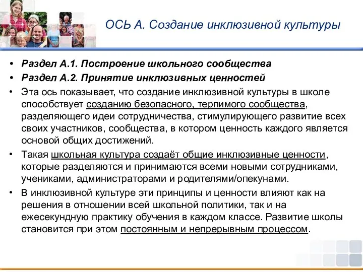 ОСЬ А. Создание инклюзивной культуры Раздел А.1. Построение школьного сообщества