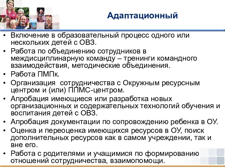 Адаптационный Включение в образовательный процесс одного или нескольких детей с