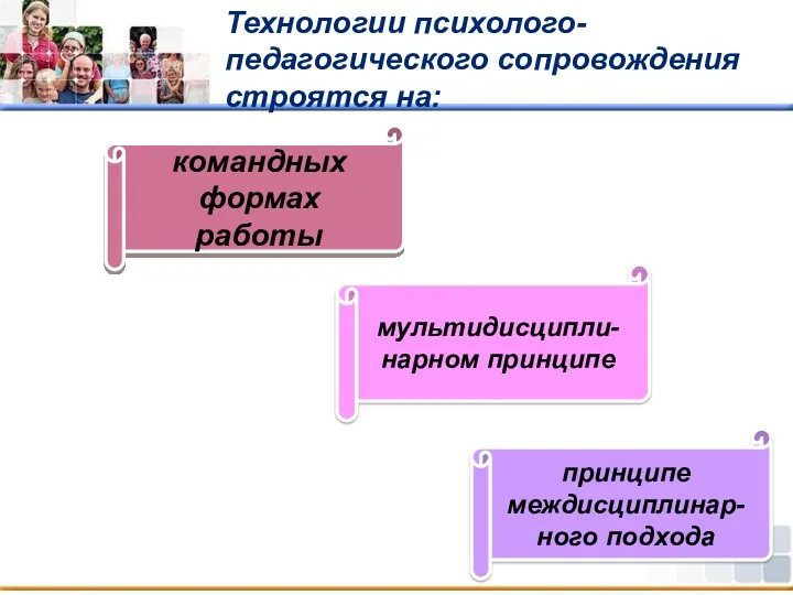 Технологии психолого-педагогического сопровождения строятся на: командных формах работы мультидисципли-нарном принципе принципе междисциплинар-ного подхода