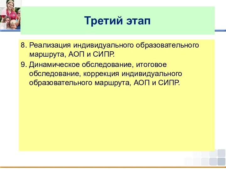 Третий этап 8. Реализация индивидуального образовательного маршрута, АОП и СИПР.