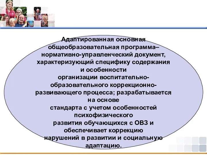 Адаптированная основная общеобразовательная программа– нормативно-управленческий документ, характеризующий специфику содержания и