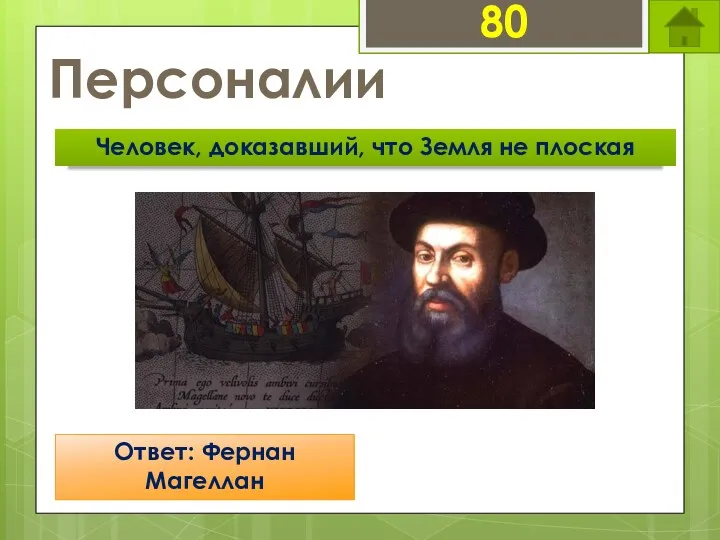 Персоналии 80 Человек, доказавший, что Земля не плоская Ответ: Фернан Магеллан