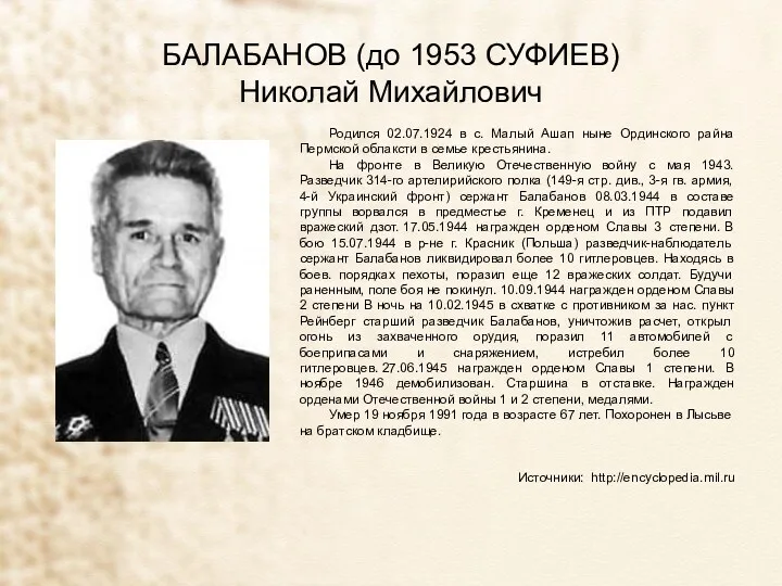 БАЛАБАНОВ (до 1953 СУФИЕВ) Николай Михайлович Родился 02.07.1924 в с.