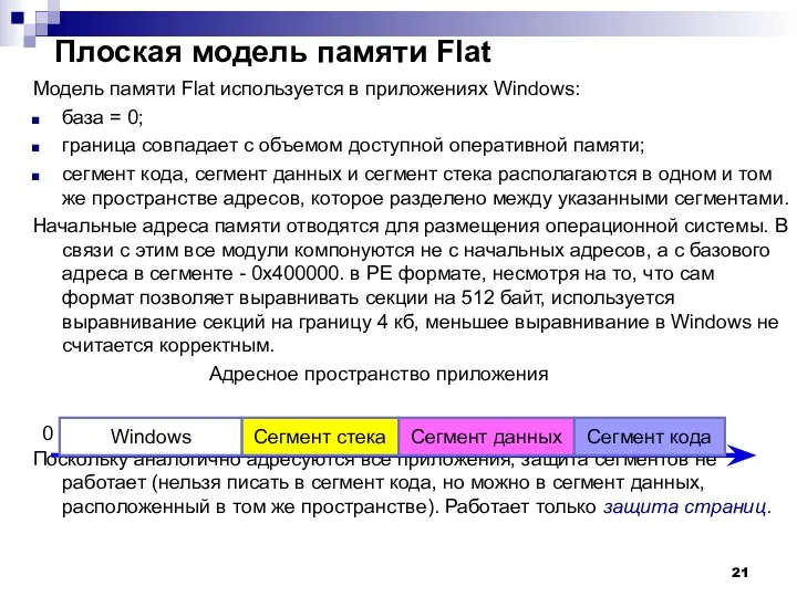 Плоская модель памяти Flat Модель памяти Flat используется в приложениях