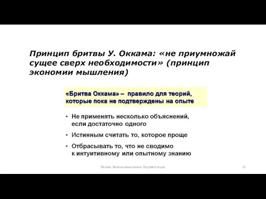 Принцип бритвы У. Оккама: «не приумножай сущее сверх необходимости» (принцип экономии мышления) Логика. Законы мышления. Аргументация.