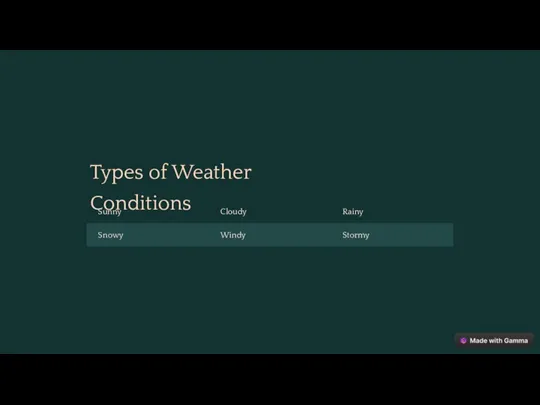 Types of Weather Conditions Sunny Cloudy Rainy Snowy Windy Stormy