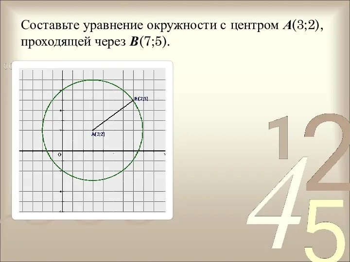 Составьте уравнение окружности с центром А(3;2), проходящей через В(7;5).