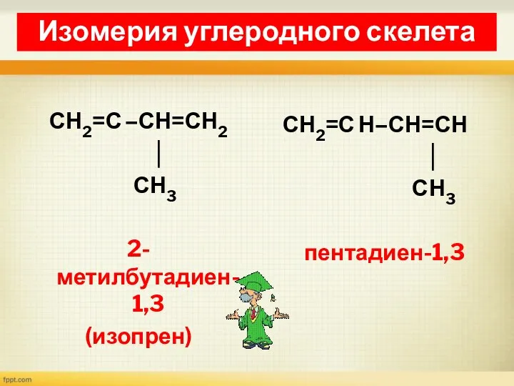 Изомерия диенов Изомерия углеродного скелета СН2=С –СН=СН2 │ СН3 2-метилбутадиен-1,3 (изопрен) СН2=С Н–СН=СН │ СН3 пентадиен-1,3