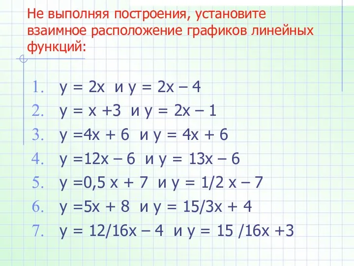 Не выполняя построения, установите взаимное расположение графиков линейных функций: у