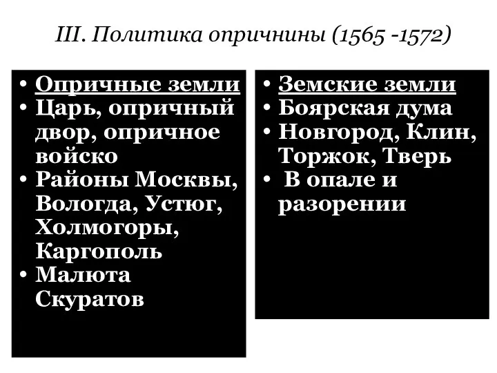 III. Политика опричнины (1565 -1572) Опричные земли Царь, опричный двор,