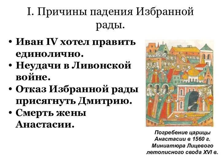I. Причины падения Избранной рады. Иван IV хотел править единолично.