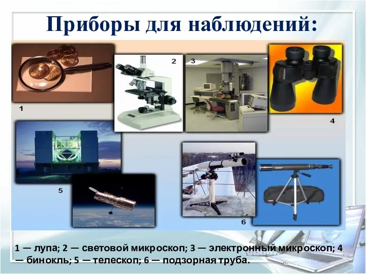 Приборы для наблюдений: 1 — лупа; 2 — световой микроскоп;