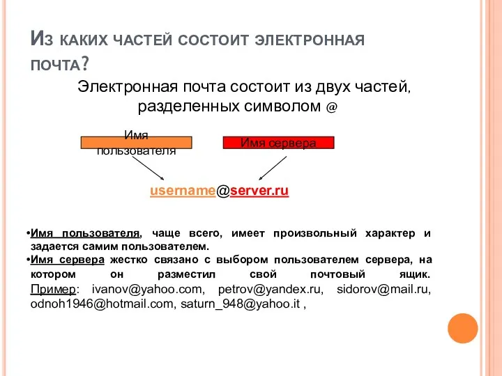 Из каких частей состоит электронная почта? Электронная почта состоит из