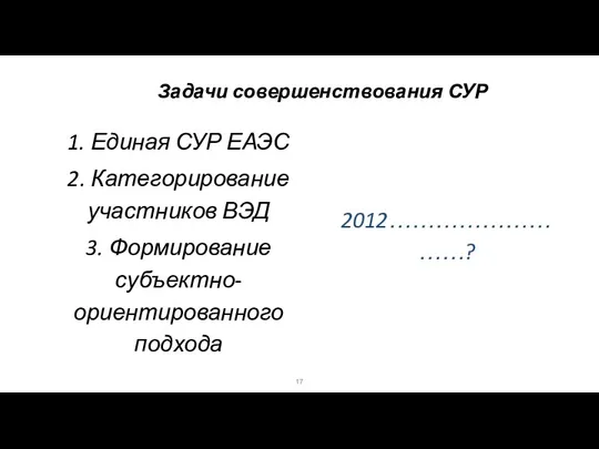 Задачи совершенствования СУР 1. Единая СУР ЕАЭС 2. Категорирование участников ВЭД 3. Формирование субъектно-ориентированного подхода 2012………………………?