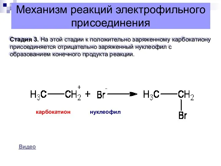 Механизм реакций электрофильного присоединения Стадия 3. На этой стадии к