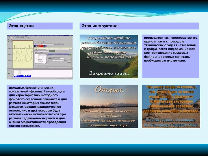Этап оценки Этап инструктажа исходных физиологических показателей (фоновый) необходим для характеристики исходного фонового