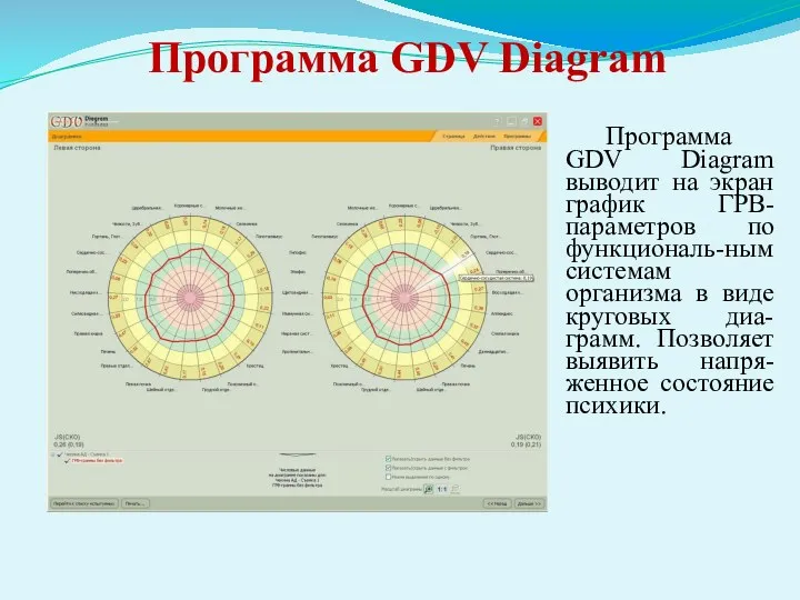 Программа GDV Diagram Программа GDV Diagram выводит на экран график ГРВ-параметров по функциональ-ным